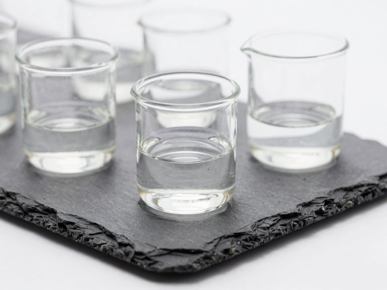Close-up macro photography of sterile laboratory glassware containing clear active formulation, clean clinical daylight, sharp focus, slate and white tones.