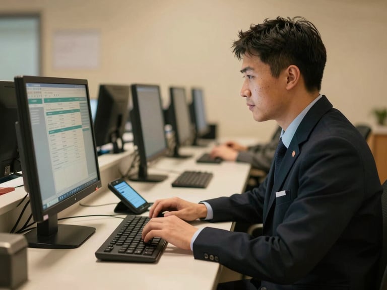 Medium shot of an agent at a service counter typing on a computer, phone beside keyboard, screen showing a case tracking interface, warm tungsten lighting, genuine mid-task moment, no posed smiling