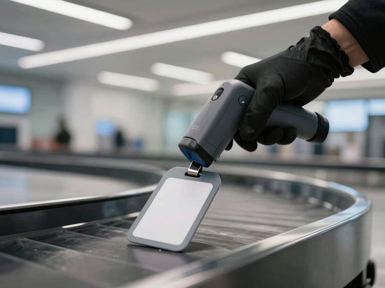 Close-up of a baggage tag being scanned by a gloved hand at an airport baggage belt, cool overhead fluorescent lighting, luggage handle and belt conveyor visible in background, operational detail in focus