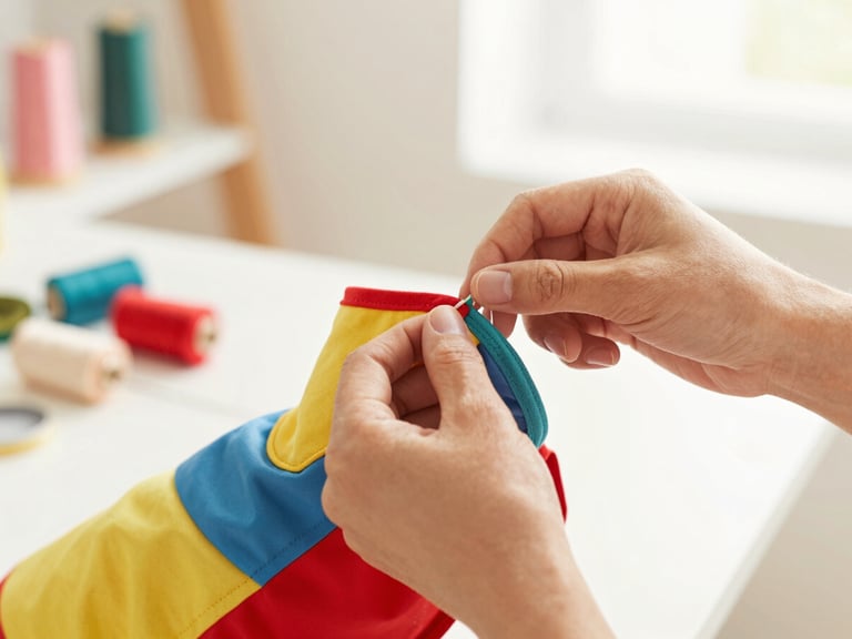 Close-up of artisan hands carefully stitching a colorful pet garment in a bright workshop, soft natural light, warm atmosphere