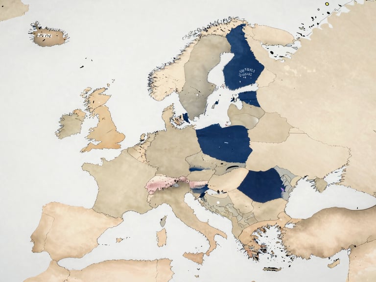 Map of Europe with highlighted countries, professional and clean graphic style, soft daylight.