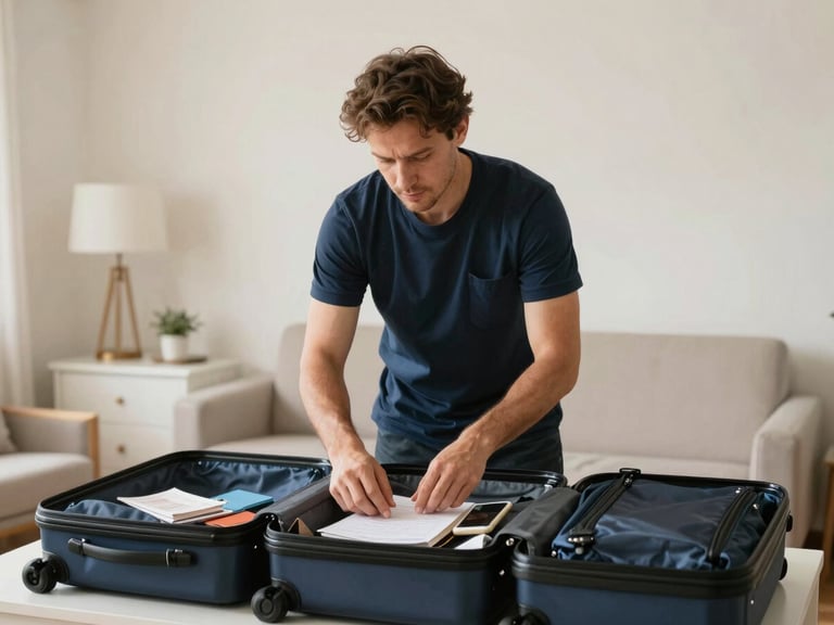 Worker packing a suitcase, thoughtful expression, clean apartment interior, soft daylight, travel documents visible.