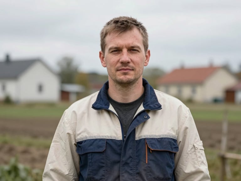 Lithuanian worker looking confidently at camera, natural overcast European daylight, honest portrait, neutral background.