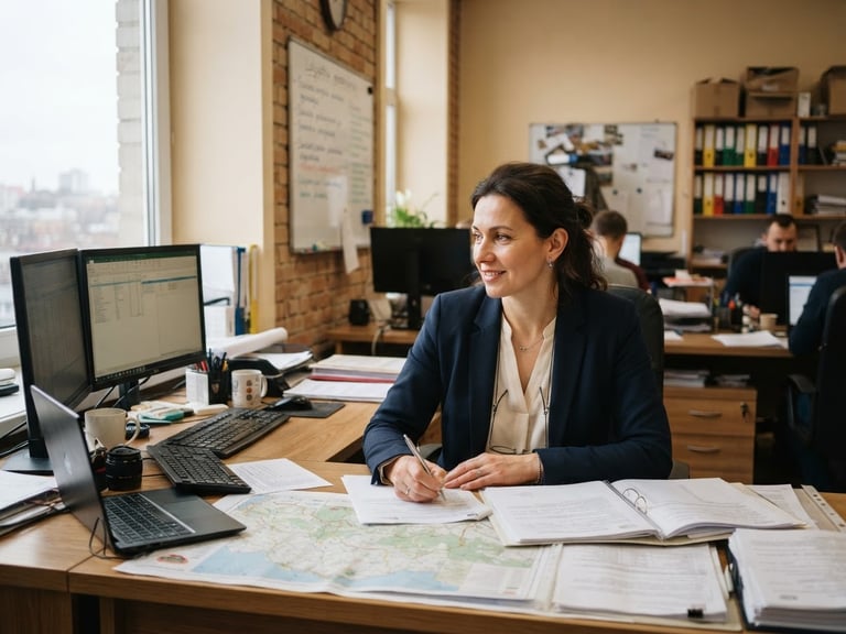 Environmental portrait of a Lithuanian logistics manager in a warm-toned office, natural overcast daylight from a side window, 35mm lens, realistic work environment, navy and cream tones