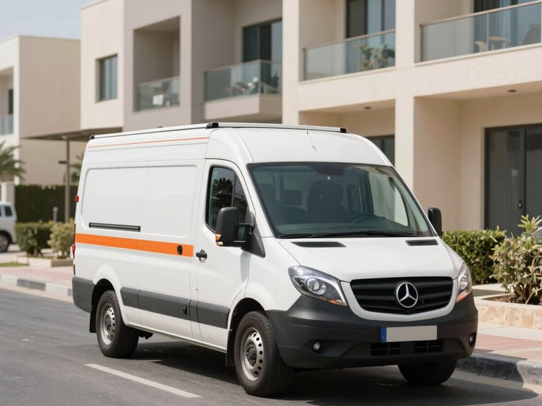 A clean service vehicle parked in a modern Abu Dhabi residential neighborhood, bright natural daylight.