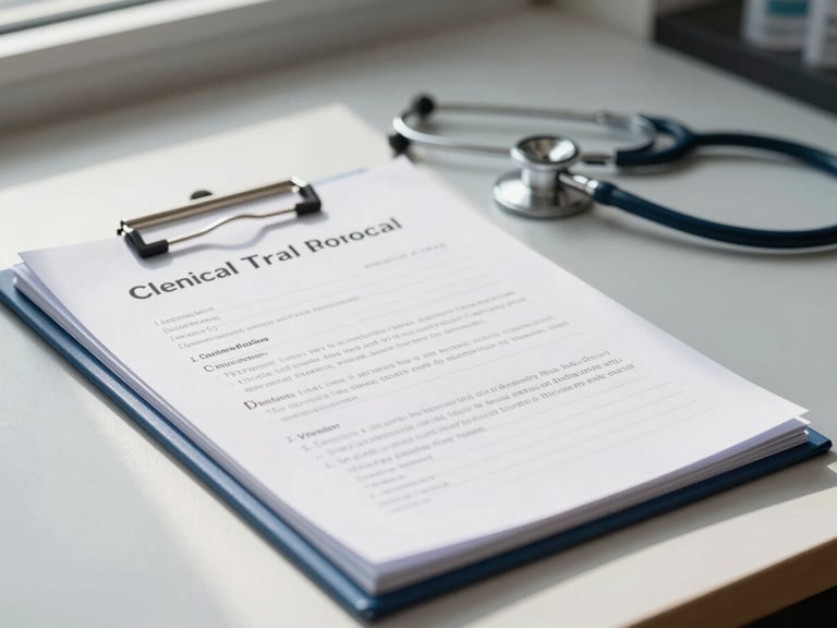 Close-up of a clinical trial protocol folder on a clean desk, a stethoscope nearby, soft light from a window illuminating the document.