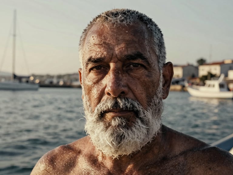 Intimate close-up portrait of a Turkish fisherman with a white beard, sea salt on skin, soft golden hour light, harbor background, medium format aesthetic.