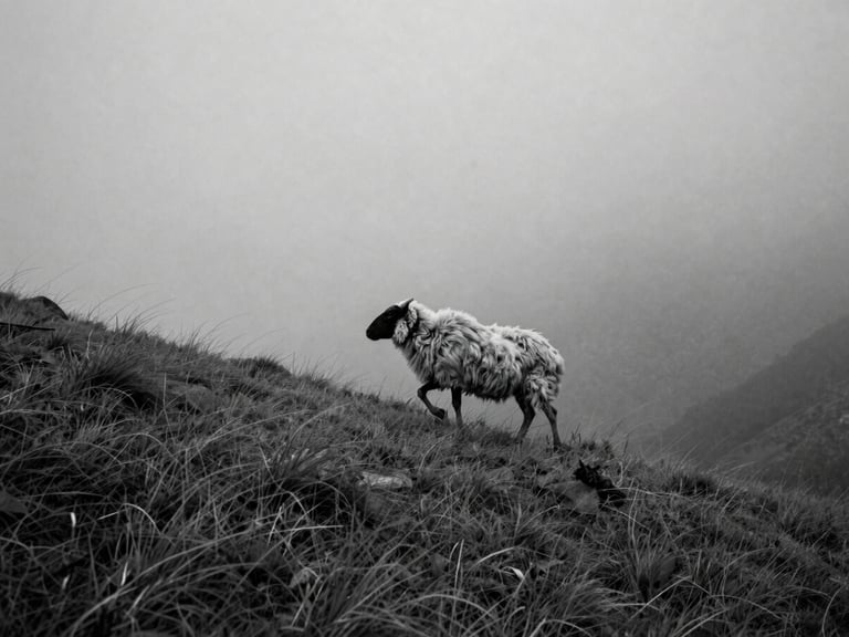 Dramatic black and white photograph of an elderly shepherd walking through thick fog on an Ordu highland ridge, wind-swept grass, medium format film aesthetic, high contrast, deep shadows