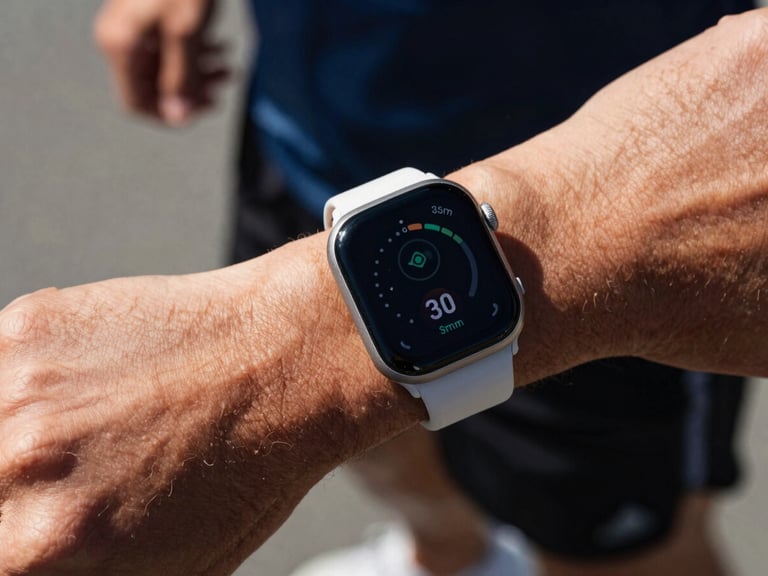 Close-up of a smartwatch displaying workout data on an athlete's wrist during a run, high-contrast natural daylight, sharp focus, 35mm