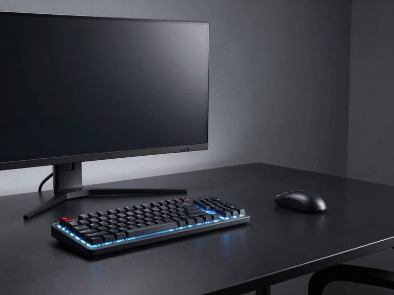 Wide panoramic shot of an immaculate dark desk setup, single monitor lightbar casting a crisp glow over a mechanical keyboard, matte black surfaces, negative space on the right.