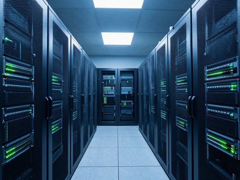 Symmetrical wide shot of a clean, well-lit meet-me room in a data center, rows of network equipment and patch panels, cool blue tones, industrial tech photography.