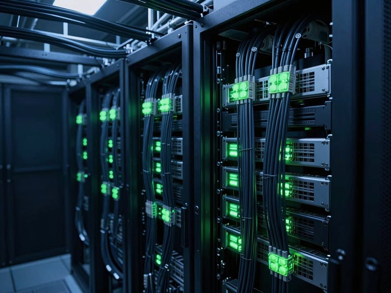 Wide shot of multiple dark fiber cables neatly bundled and routed through a data center conduit, glowing faintly with cool light, industrial tech photography.
