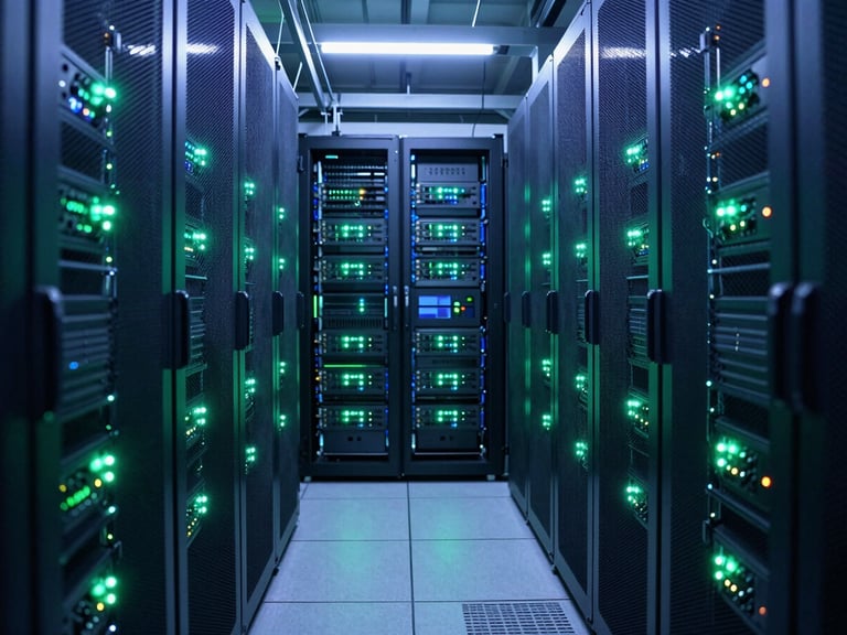 Symmetrical wide shot of a pristine data center aisle with glowing server status lights, cool blue and green tones, sharp focus