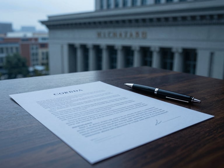 Close-up of a pen signing a contract on a polished dark wood desk, cool overcast daylight, deep blue and slate tones, architectural details, 35mm lens