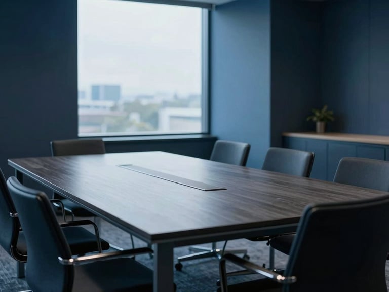 Empty, organized modern meeting room with a large table and chairs, diffused natural light from a large window, deep blue and slate tones, architectural details, 35mm lens
