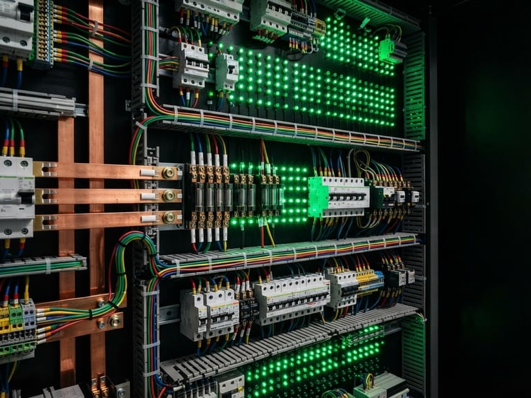 Macro shot of a perfectly organized distribution board with neat copper wiring, technical precision, dark background with electric green indicator lights, sharp focus, 35mm lens