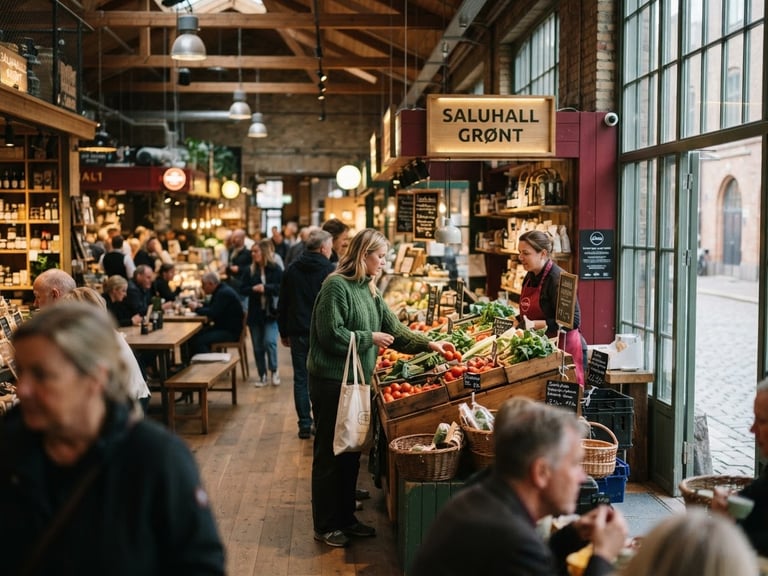 Cozy Scandinavian-style food hall interior, soft natural daylight streaming through tall windows, bustling with local shoppers, rich crimson and forest green accents, 35mm photography.
