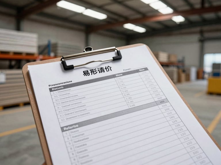 Close-up overhead view of a clipboard with a printed materials checklist on a concrete warehouse floor, stacked construction materials visible in the background under fluorescent lights, no people