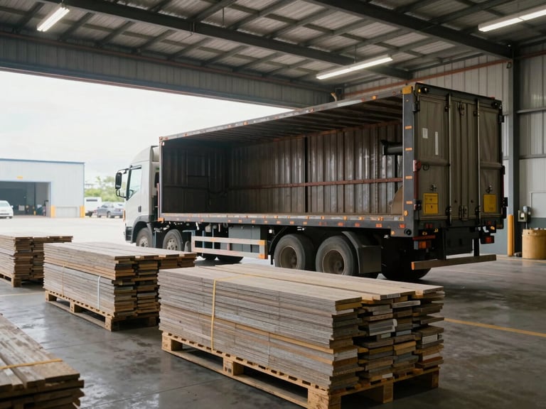 Wide environmental shot of a loading dock with partially loaded flatbed truck, stacked pallets of building materials in foreground, daylight-balanced facility lighting, no people