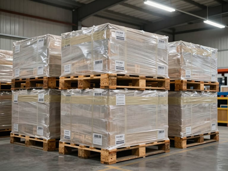 Wide shot of palletized construction materials staged in a warehouse bay, clearly labeled with packing tape and batch codes, bright overhead fluorescent lighting, no workers visible
