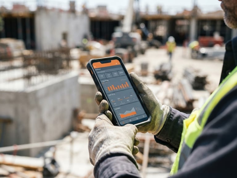A construction worker in safety gear uses a rugged smartphone to view Estimates PRO Dashboard