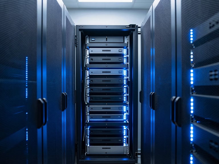 Symmetrical linear composition of pristine server racks under cool blue and white LED lighting, high contrast, 35mm photography