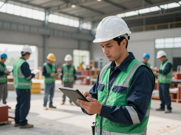 Engenheiro de segurança utilizando tablet em canteiro de obras industrial, com equipamentos de proteção individual, luz natural, foco no profissional e precisão.