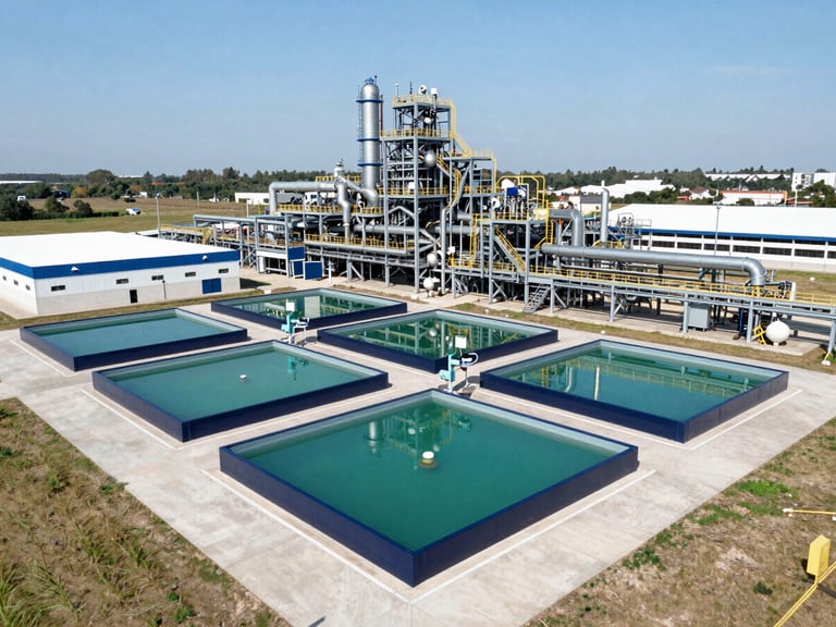 Vista aérea de uma estação de tratamento de efluentes moderna em uma planta industrial, com arquitetura limpa e tecnológica, luz natural.