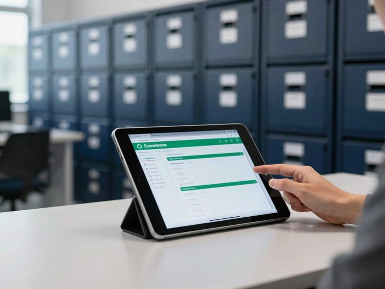 Profissional organizando documentos digitais em um tablet robusto, com fundo desfocado de arquivo moderno e seguro, luz natural.