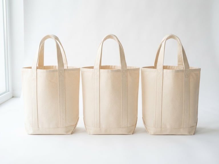 Bright high-key product photography of three premium canvas tote bags standing upright on a crisp white background with soft natural daylight, emphasizing rich fabric textures, 50mm