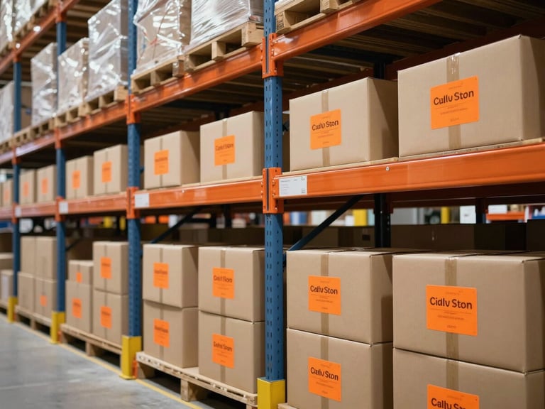 Bright industrial photography of a modern warehouse, clean shelves with neatly stacked cardboard boxes and safety orange shipping labels, bright industrial daylight, sharp focus, 35mm
