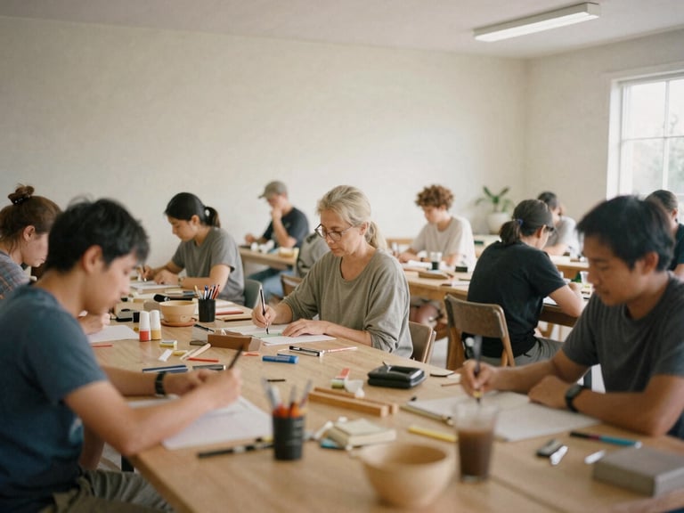 A wide candid documentary-style photograph of a community workshop, soft natural daylight, warm muted earth tones, 35mm lens
