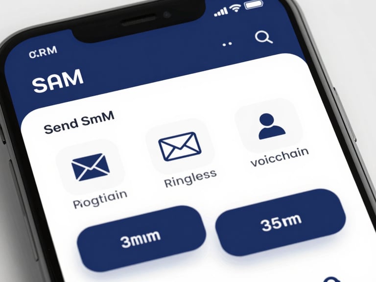 High-fidelity UI mockup of a CRM mobile interface showing options to send SMS, email, or ringless voicemail, clean UI, bright studio light, focus on communication options.