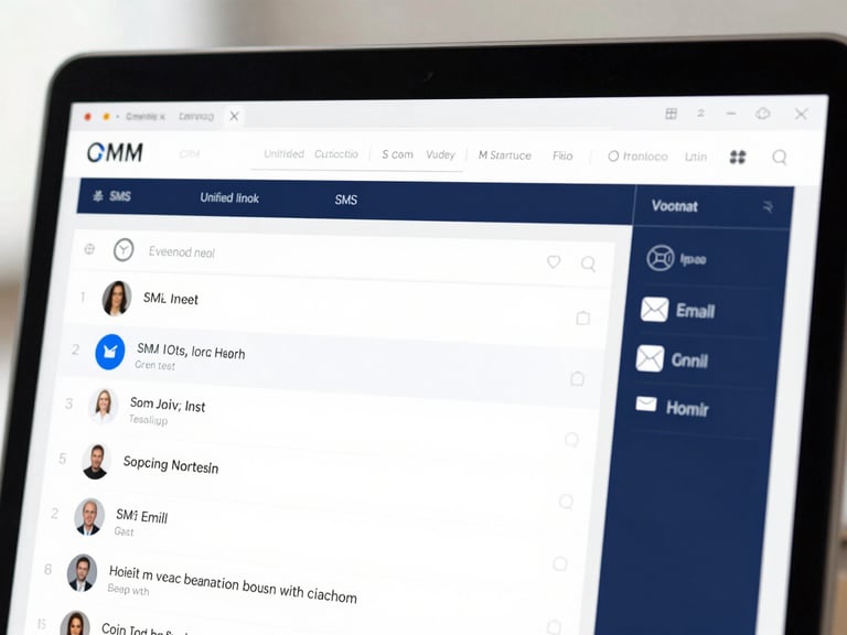 High-fidelity UI mockup of a CRM unified inbox dashboard on a desktop, showing SMS, email, and voicemail threads in a clean interface, bright studio light, focus on conversation history.