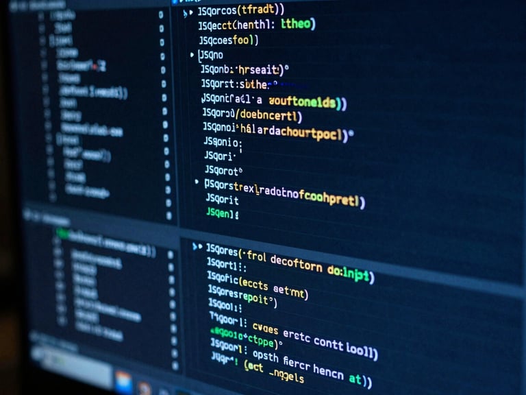 Macro shot of a high-contrast computer terminal screen displaying structured JSON data blocks, cool blue lighting, sharp focus on lines of code, dark background