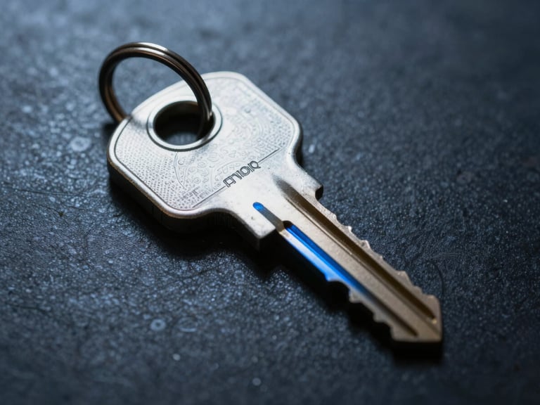 Close-up high-contrast cool-toned image of a secure hardware key on a dark metal surface, sharp electric blue highlights, absolute focus.