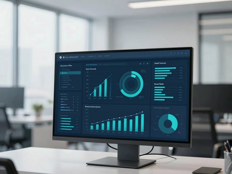 Shot of a clean, modern data visualization dashboard on a large monitor, displaying charts and graphs in teal and navy, with a blurred corporate office background. Cool blue and slate tones, bright natural daylight, sharp focus, editorial style, 35mm.