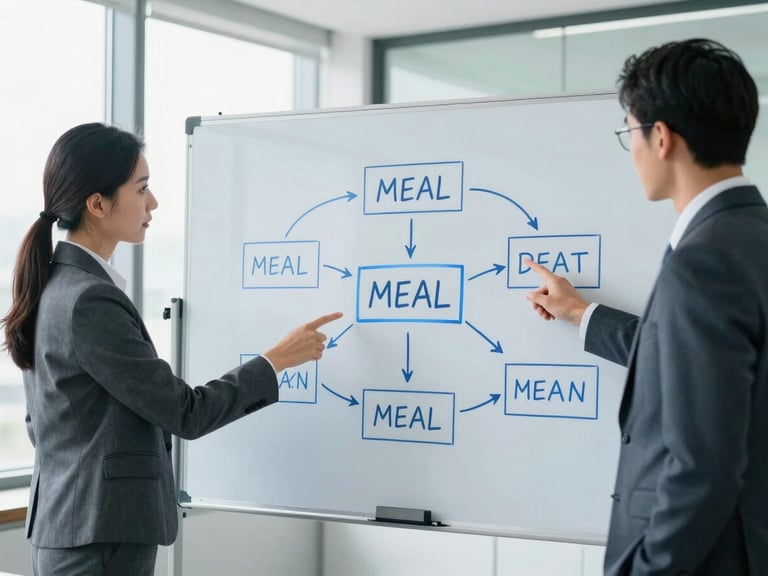Medium shot of two professionals in business attire discussing a large flowchart on a whiteboard, illustrating a MEAL framework, in a bright, modern meeting room. Cool blue and slate tones, bright natural daylight, sharp focus, editorial style, 35mm.