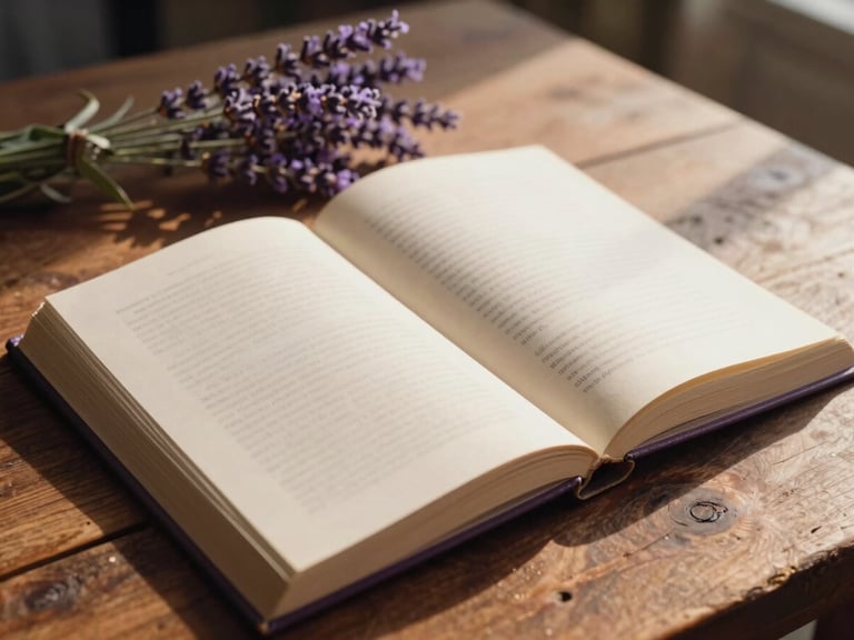 A single open book on a rustic wooden table, soft shadows of lavender flowers cast by warm golden-hour sunlight, cinematic 35mm film style.