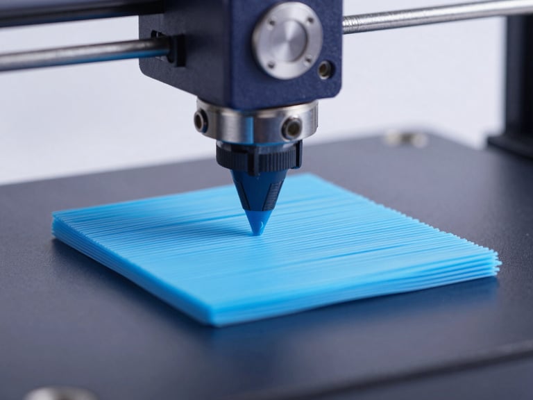 Macro close-up of a 3D printer nozzle depositing clean, precise layers of sky-blue PETG filament on a dark build plate, cool studio lighting, 50mm lens