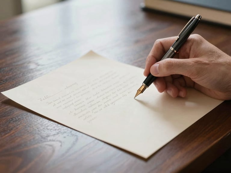 Hands holding an elegant fountain pen over heavy cream paper, writing a letter on a dark mahogany desk, soft natural window light