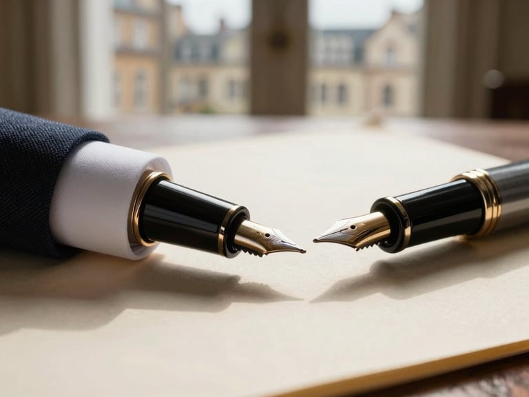 Tight macro detail of a tailored cuff and a fountain pen resting on heavy cream paper, warm side-lighting filtering through tall townhouse windows, shallow depth of field.
