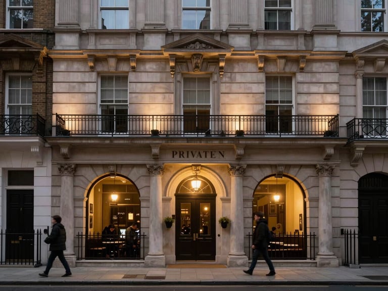 Atmospheric view of a historic London private club facade at dusk, soft warm streetlights, architectural details, silhouettes passing by