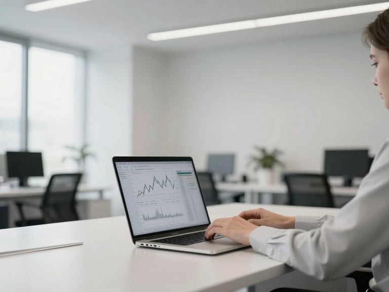 Modern clean office environment with a professional working on a laptop, screen showing financial charts, bright neutral daylight, cool desaturated tones, sharp focus, 35mm