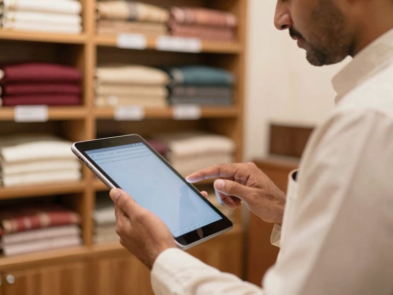 Close-up of a traditional Indian merchant in a warm-lit textile shop learning to use a tablet interface, soft ambient daylight, 35mm lens