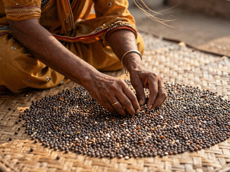 Traditional Bihari woman sorting sun-dried makhana seeds on a woven mat, with a gentle breeze, soft diffused daylight, rich earthy tones.