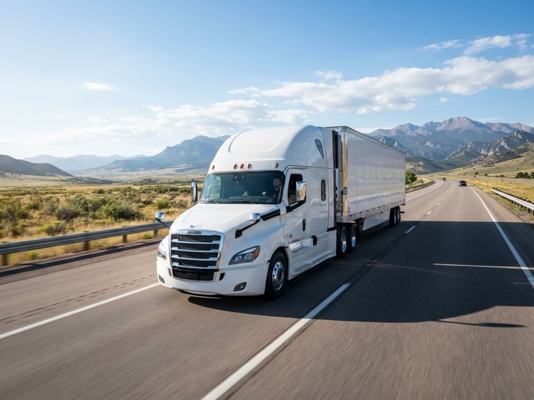 A clean, modern Class 8 semi-truck driving on an open highway under bright morning sunlight, wide-angle cinematic shot, crisp blue and white tones