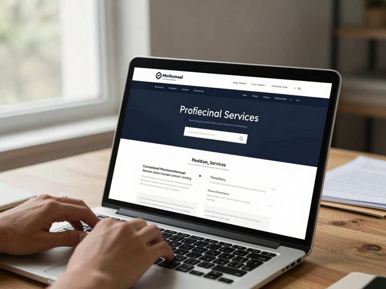Wide shot of a laptop open on a wooden desk showing a completed professional services website with clear navigation and dark-navy header, natural light from a large left window, hands just visible at the keyboard edge, document folder in soft-focus background