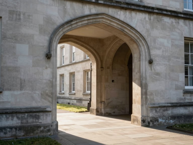 Wide angle architectural shot of a historic university stone archway, soft morning light casting long shadows, clean lines, academic heritage aesthetic.