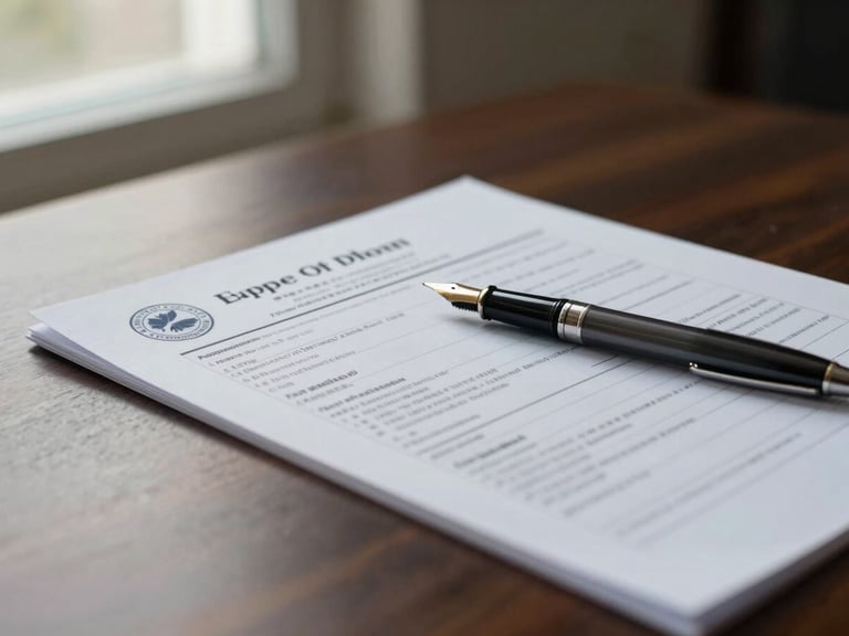Close-up of official immigration documents and a fountain pen resting on a dark walnut desk, soft side-lighting from a window, shallow depth of field